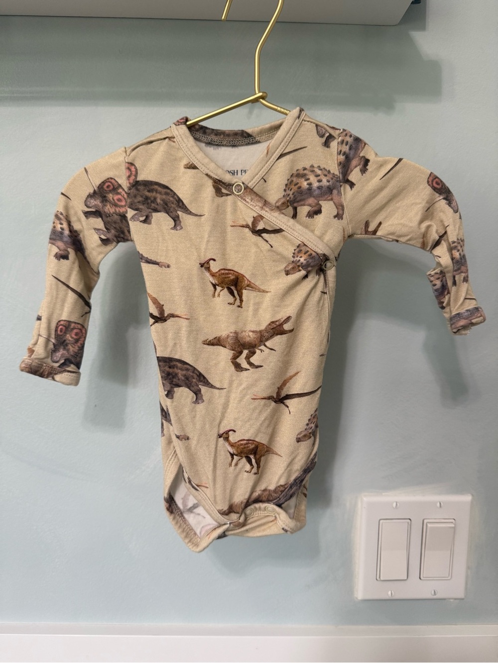 Posh Peanut Beige Dinosaur Print Long-Sleeve One-Piece